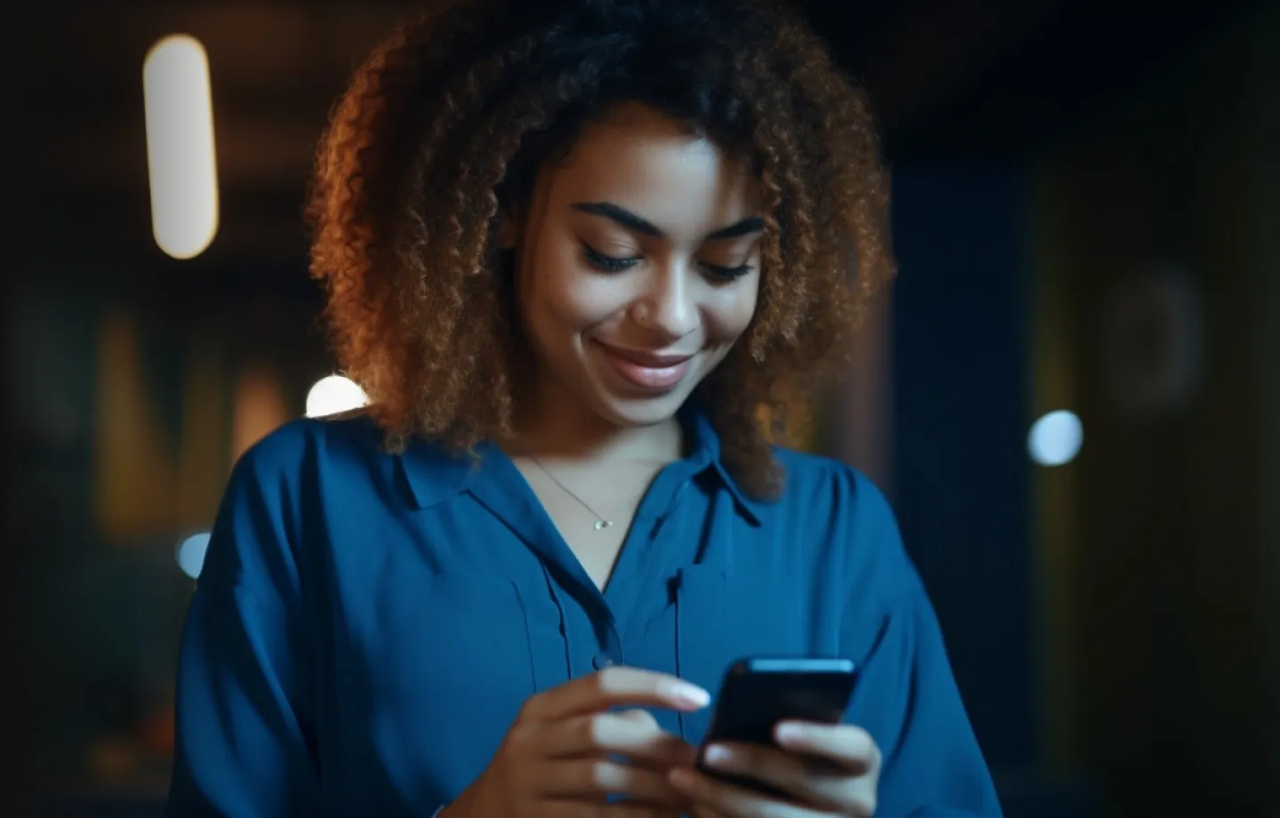 Uma empresária jovem e confiante, usando seu smartphone para gerenciar as operações de sua empresa, representando a eficiência e praticidade da automação comercial oferecida pelo BTG Pactual Empresas.