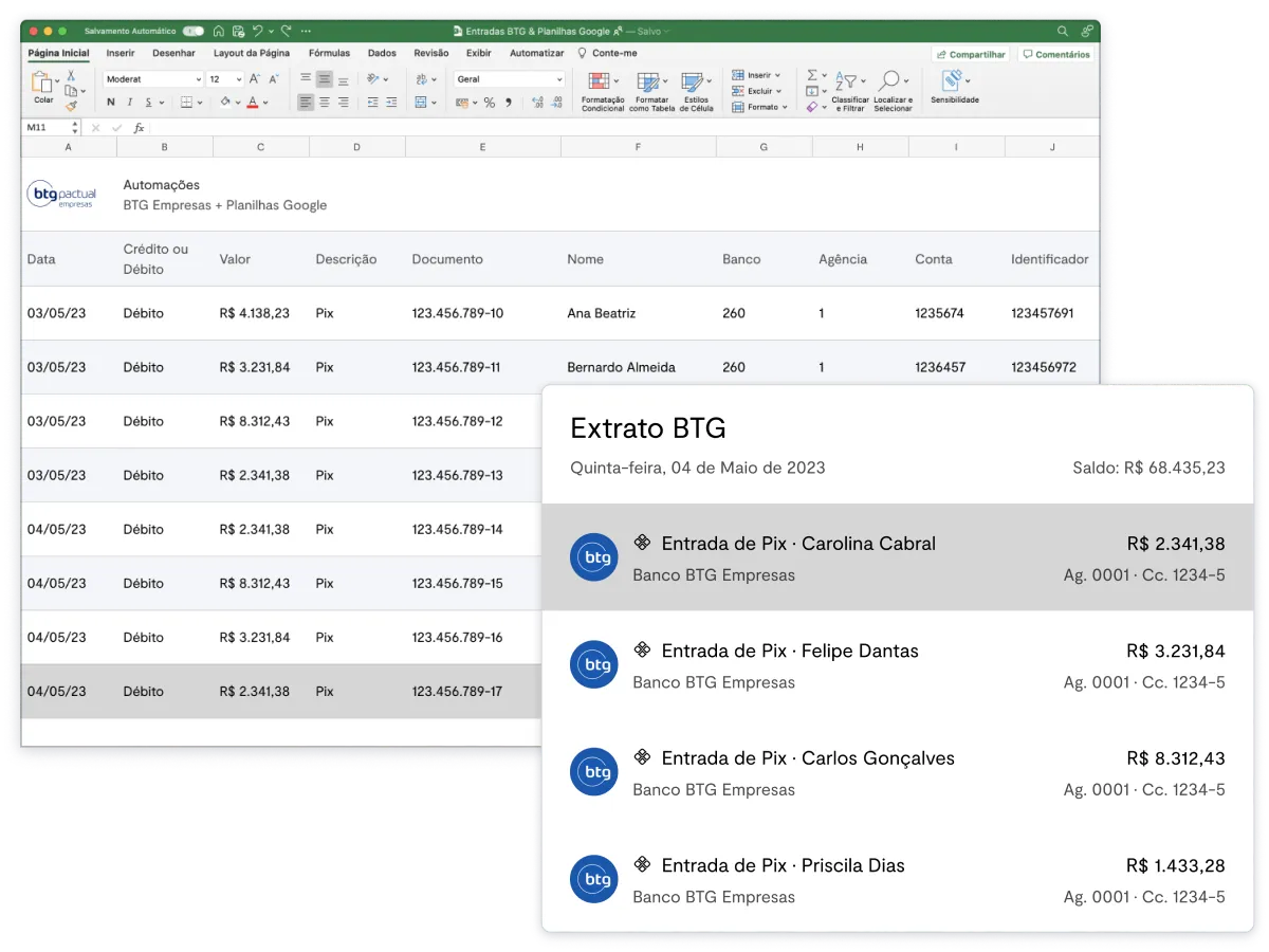 Planilha de entradas e Extrato BTG Pactual