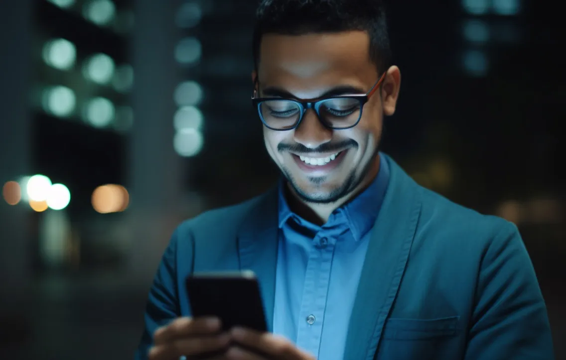 Homem sorrindo olhando para tela de celular.