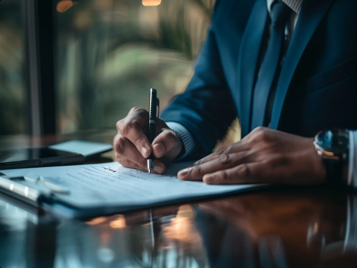 Homem segurando caneta e escrevendo em documento