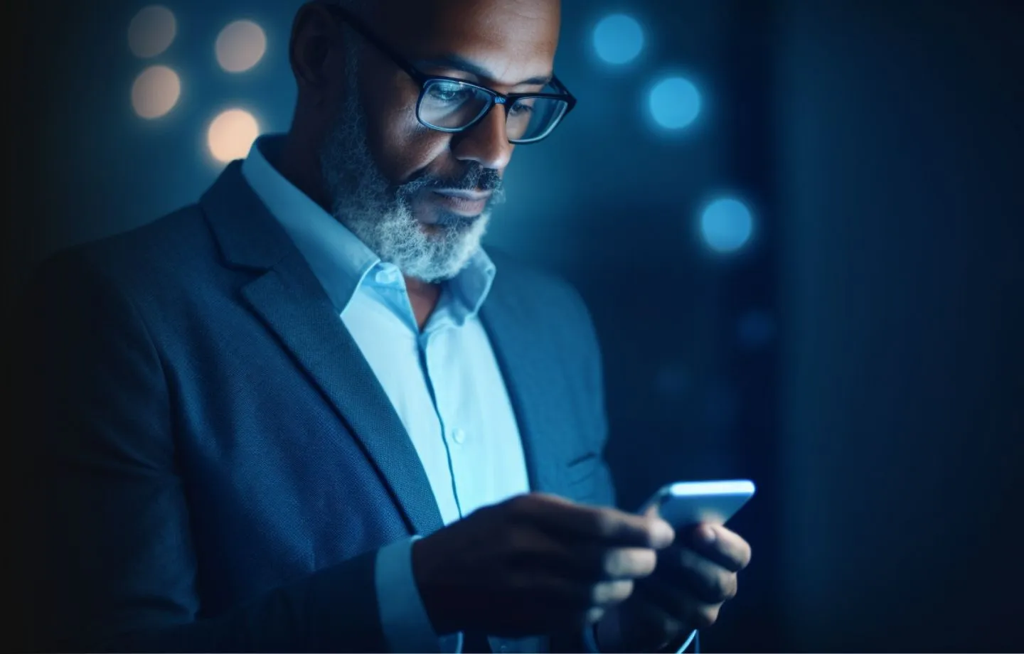Homem de negócios usando um smartphone para gerenciar operações de câmbio empresarial online, refletindo a segurança e a confiabilidade dos serviços de câmbio para empresas oferecidos pelo BTG Pactual.