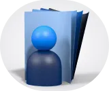 Ícone estilizado de uma figura humana azul na frente de livros ou documentos abertos, representando informações e conhecimento no contexto agro.