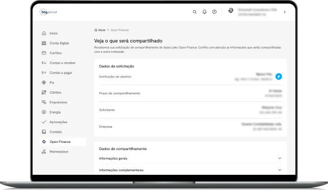 Tela de cadastro do BTG Pactual Empresas em um laptop, ilustrando o processo de pré-cadastro para Open Banking.