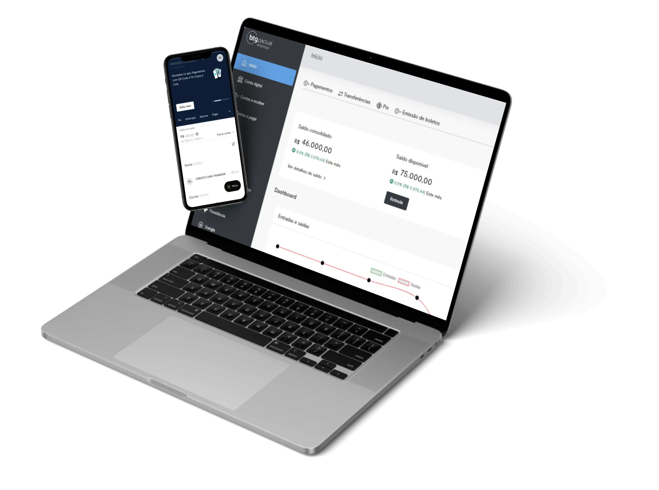 Notebook e Tela de celular com o aplicativo BTG Pactual Empresas