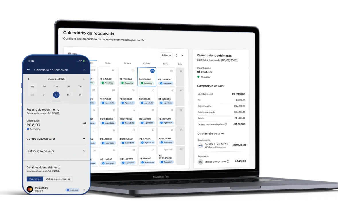Tela de notebook exibindo dashboard financeiro integrado do BTG Pay.