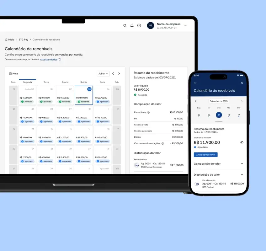 Telas no celular e desktop de gerenciamento de vendas do BTG Pay
