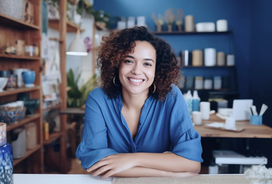 Mulher de roupa azul sorrindo